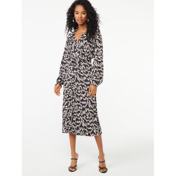 Scoop Women's Long Sleeve Split Neck Pleated Midi Dress - Picture 1 of 9